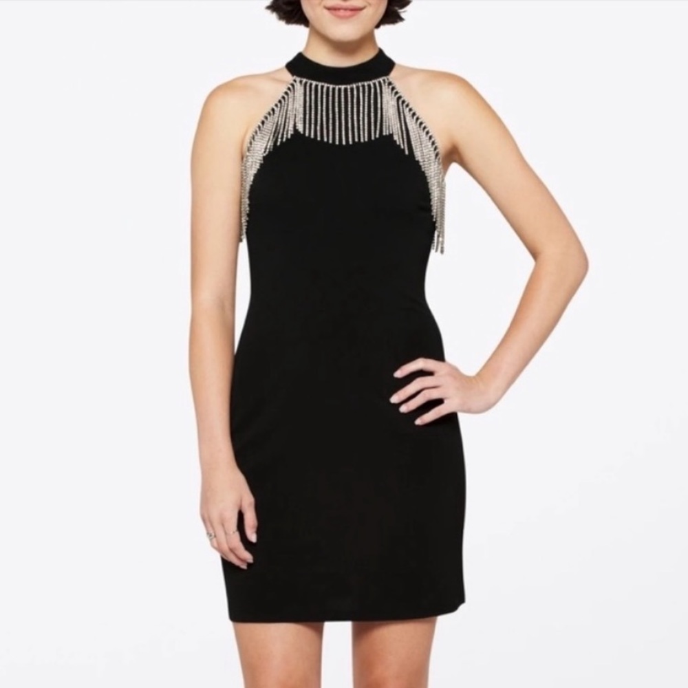 Michael Michael Kors Rhinestone Halter Fringe Sheath Dress